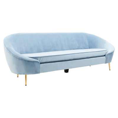 Seraphina Bubblegum Blue Curved Velvet 3 Seat Art Deco Sofa With Gold Legs