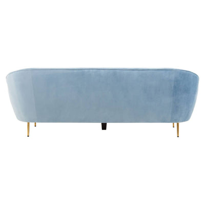 Seraphina Bubblegum Blue Curved Velvet 3 Seat Art Deco Sofa With Gold Legs
