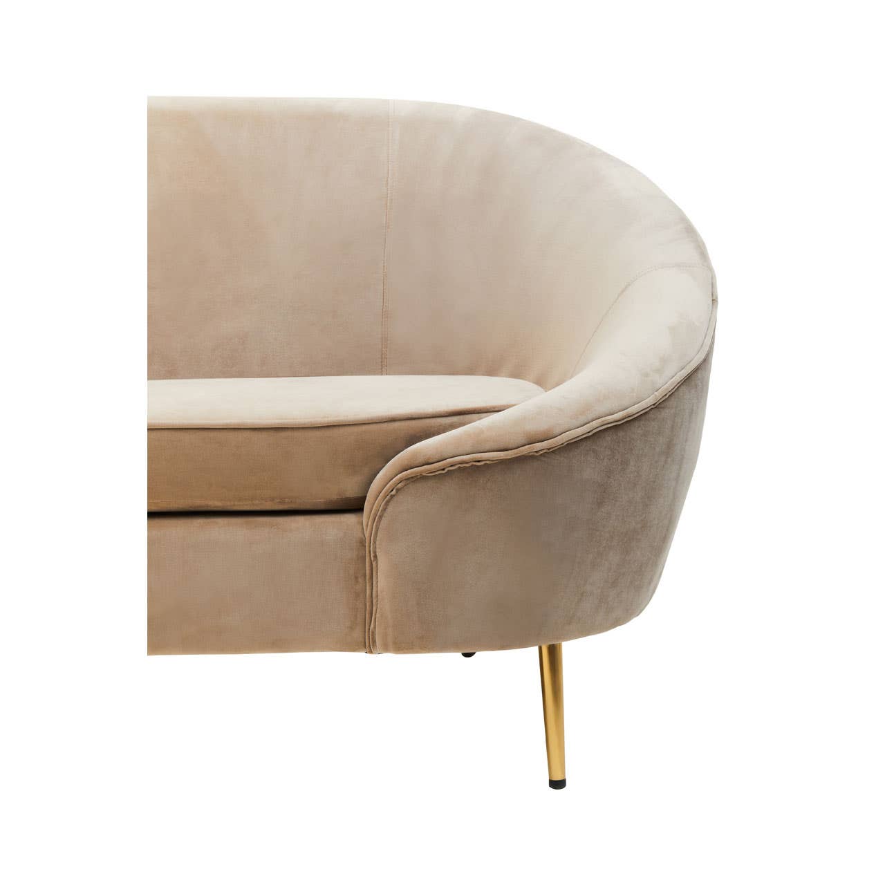 Seraphina Mushroom Mink Curved Velvet 3 Seat Art Deco Sofa With Gold Legs