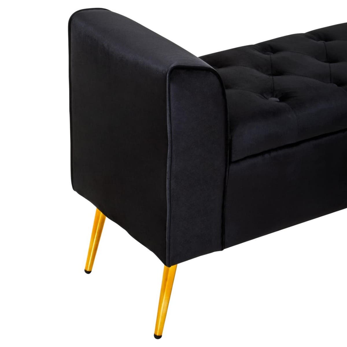 Elara Beluga Black Velvet Cushion Storage Bench With Angular Gold Finish Iron Legs