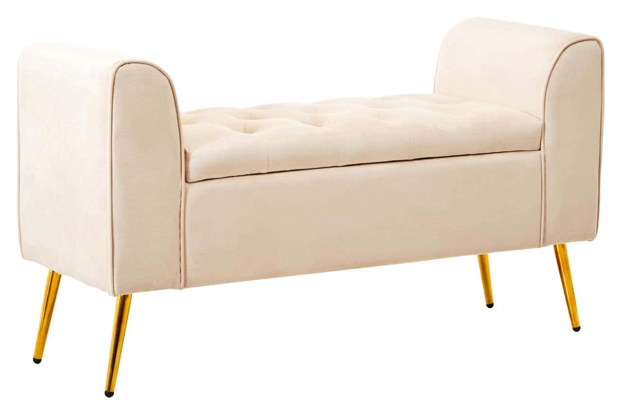 Elara Cotswold Stone Velvet Cushion Storage Bench With Angular Gold Finish Iron Legs