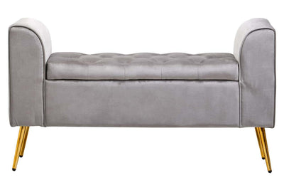 Elara Pearl Grey Velvet Cushion Storage Bench With Angular Gold Finish Iron Legs