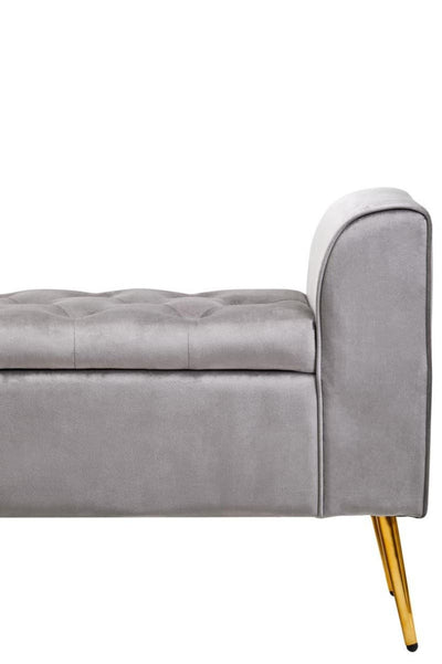 Elara Pearl Grey Velvet Cushion Storage Bench With Angular Gold Finish Iron Legs