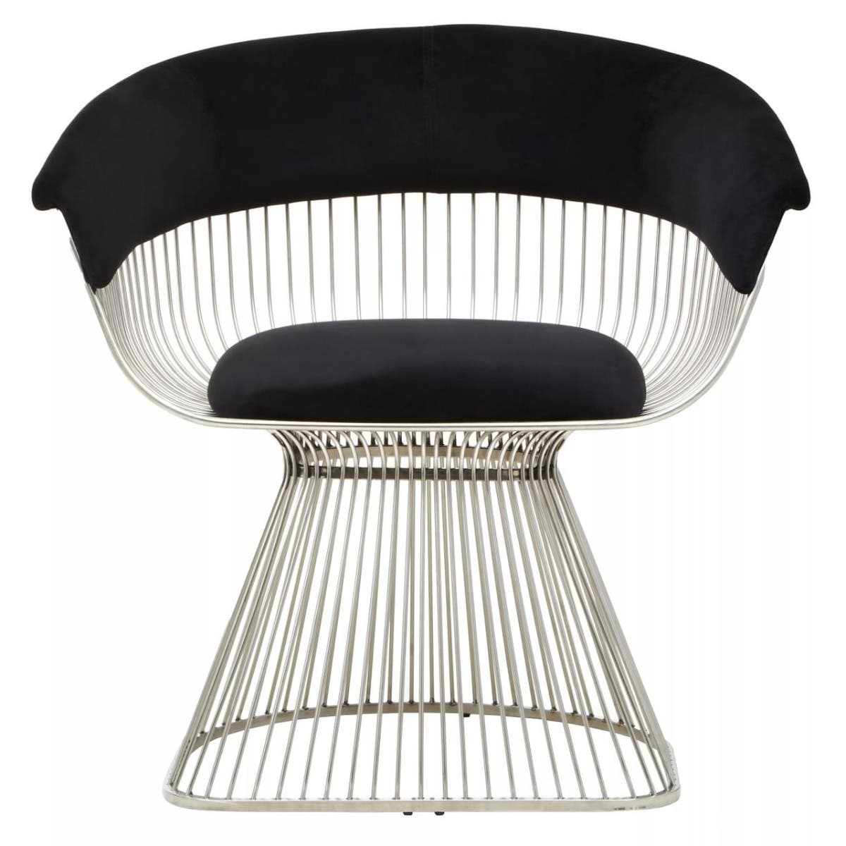 Elegant Caviar Black Velvet Curved Back & Steel Frame Art Deco Occasional Chair