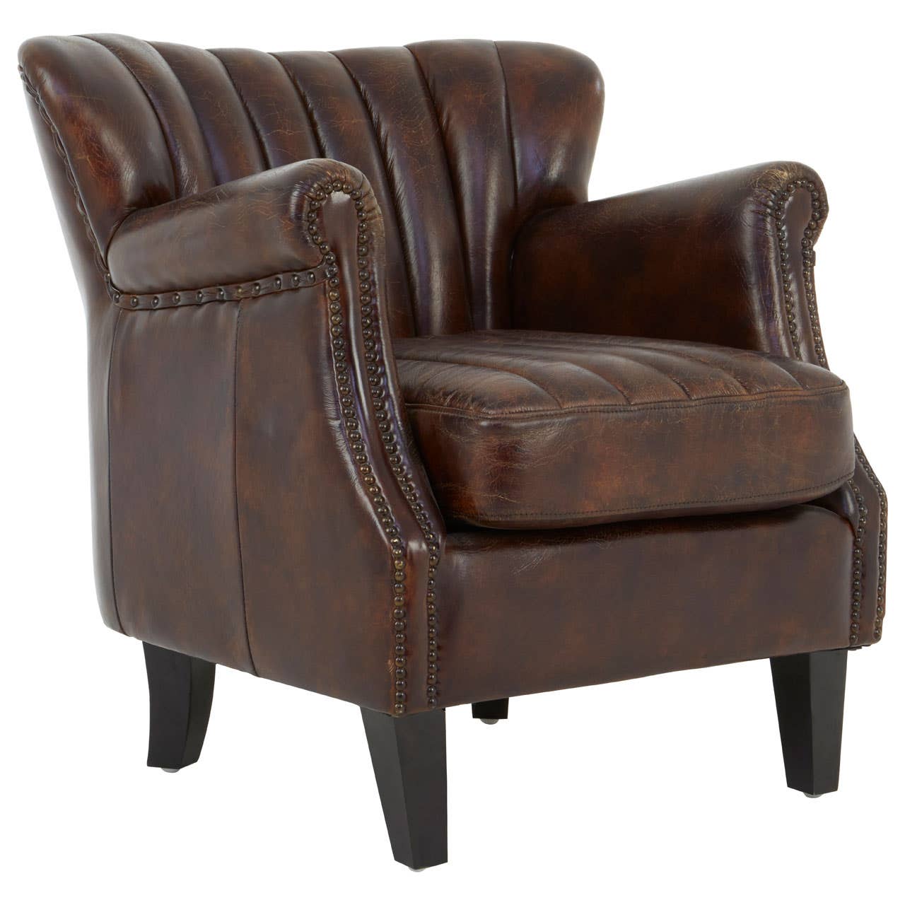 Grosvenor Wingback Chocolate Brown Classic Aged Leather Occasional Armchair With Walnut Wood