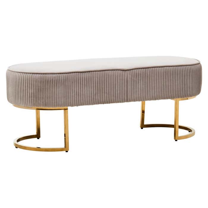 Regal Mushroom Mink Velvet Pleated Ottoman Bench with Gold Arched Legs