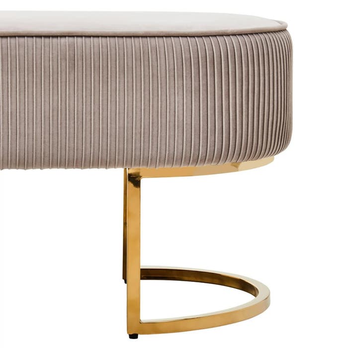 Regal Mushroom Mink Velvet Pleated Ottoman Bench with Gold Arched Legs